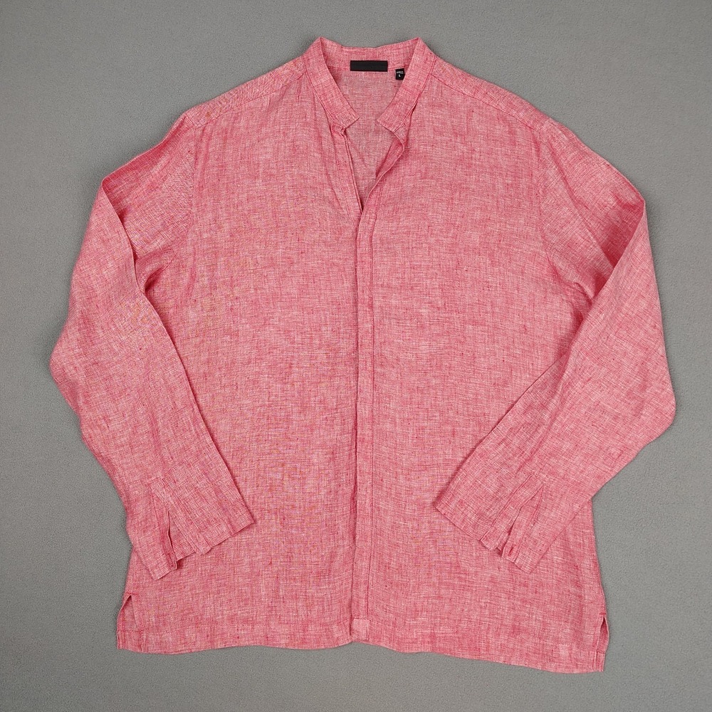 Murano 100% Linen Shirt Men Large XL 24½ x 31 Salmon Mandarin Collar Long Sleeve